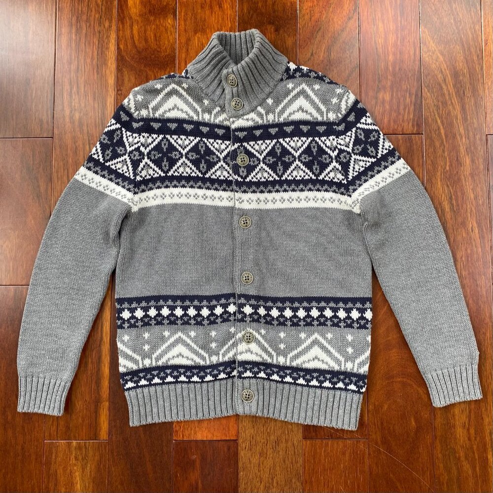 Esprit Mens Nordic Fair Isle Cardigan Aztec Western Gray Size L Vintage